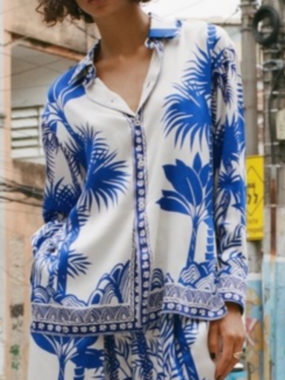 ZARA tropical print button up blouse top long sleeves blue & white size small
